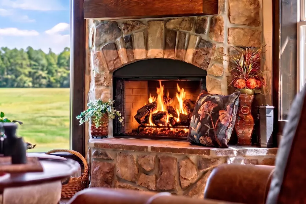 Stone fireplace detail