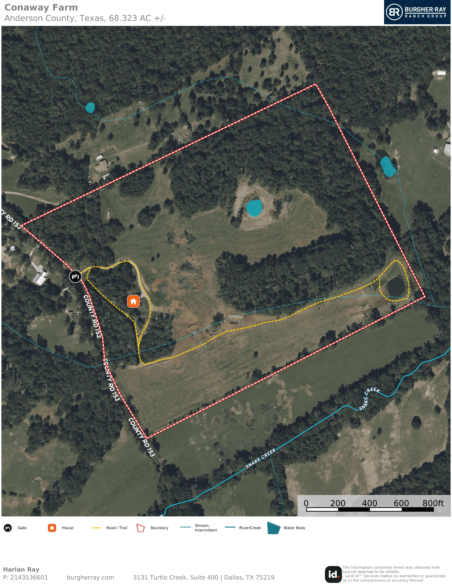 Aerial map of Conaway Family Farm showing boundary, roads, water features and Snake Creek