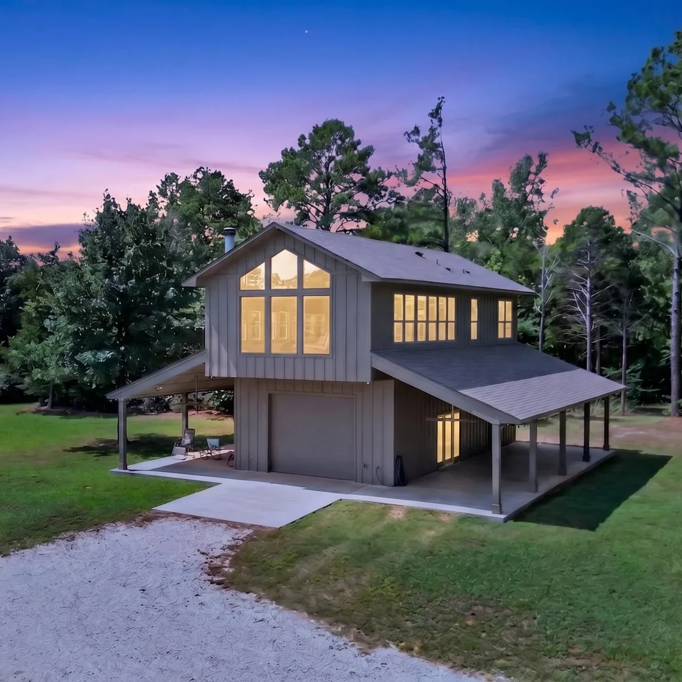 Twilight aerial view of the residence at Conaway Family Farm